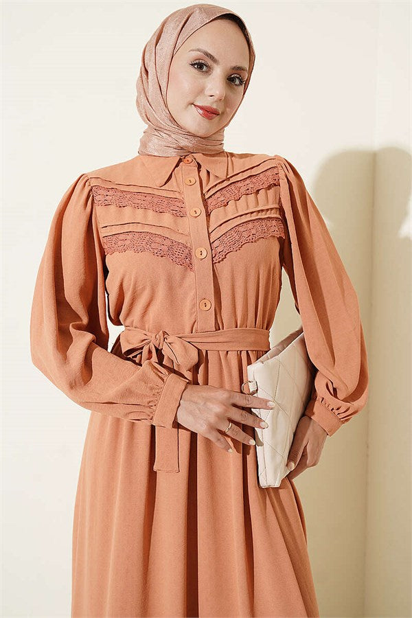 Ribbed Lace Detail Dress Camel