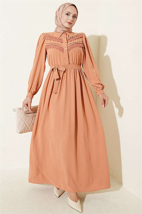 Ribbed Lace Detail Dress Camel