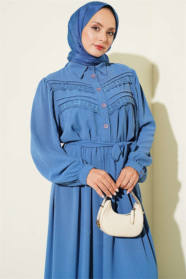 Ribbed Lace Detail Dress Blue