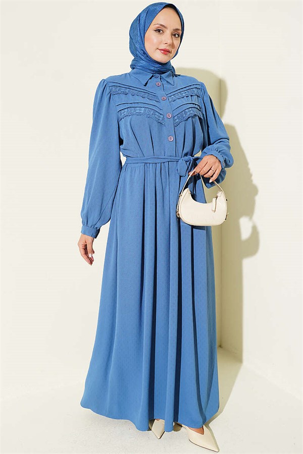 Ribbed Lace Detail Dress Blue