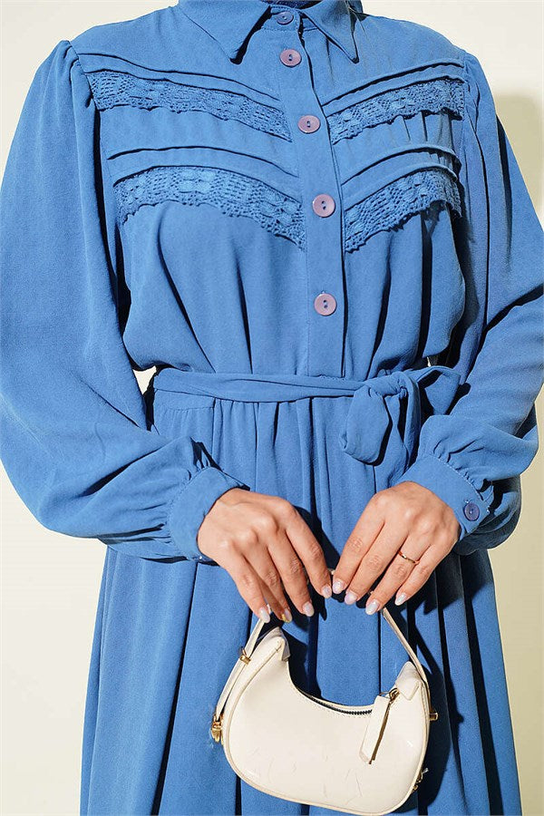 Ribbed Lace Detail Dress Blue