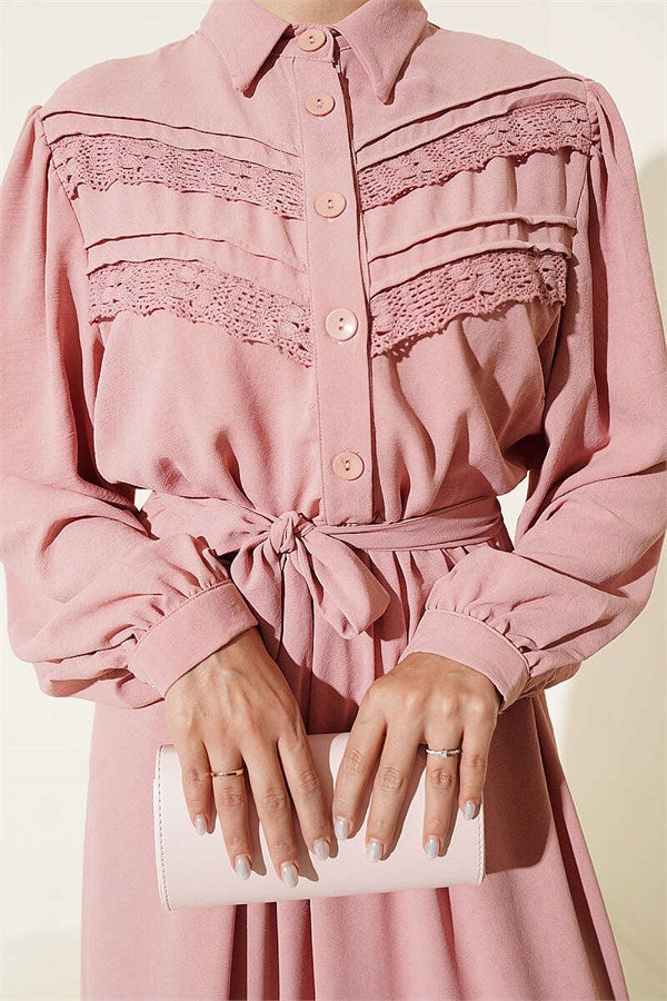 Ribbed Lace Detail Dress Powder Pink