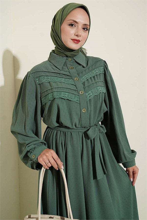 Ribbed Lace Detail Dress Green
