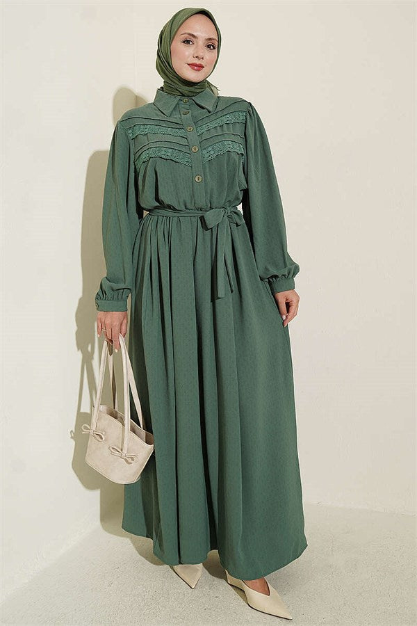 Ribbed Lace Detail Dress Green