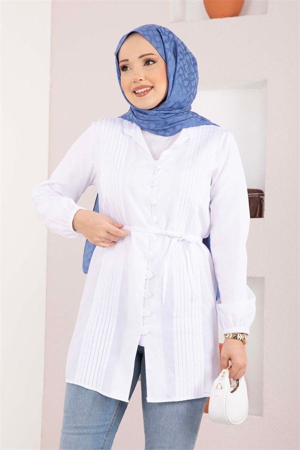 Ribbed Detail Lace-up Shirt White