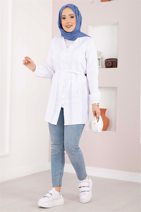 Ribbed Detail Lace-up Shirt White