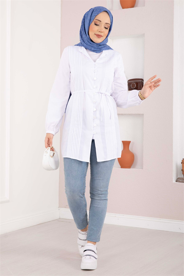 Ribbed Detail Lace-up Shirt White