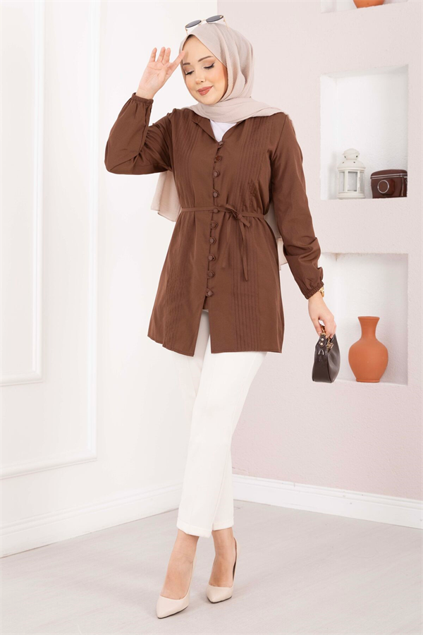 Ribbed Detail Lace-up Shirt, Brown