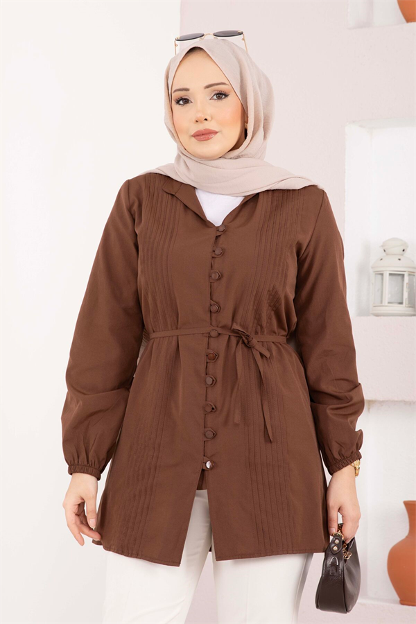 Ribbed Detail Lace-up Shirt, Brown