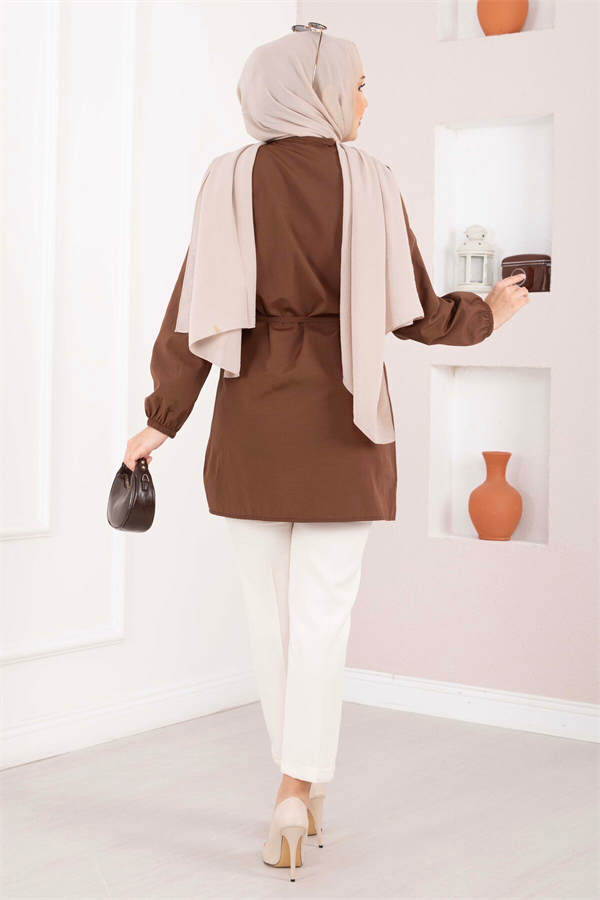 Ribbed Detail Lace-up Shirt, Brown