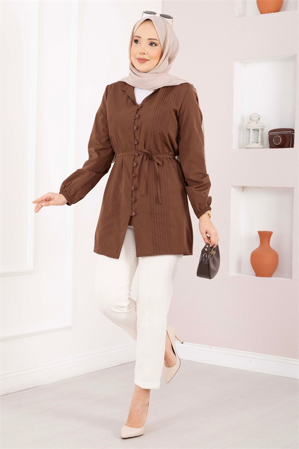 Ribbed Detail Lace-up Shirt, Brown