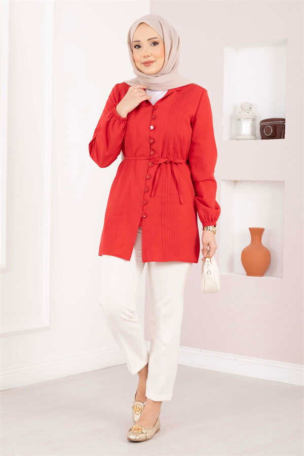 Ribbed Detail Lace-up Shirt, Red
