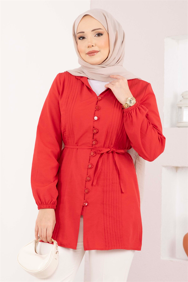 Ribbed Detail Lace-up Shirt, Red