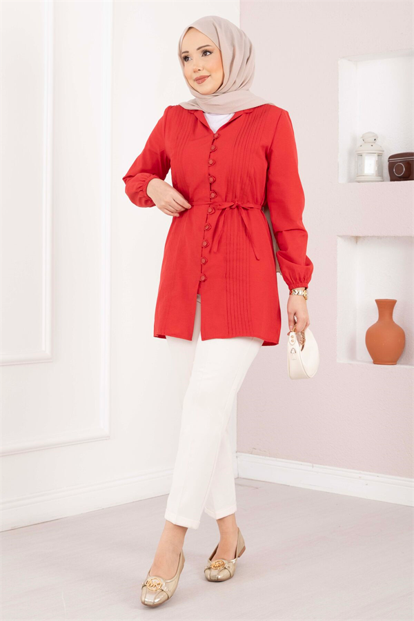 Ribbed Detail Lace-up Shirt, Red