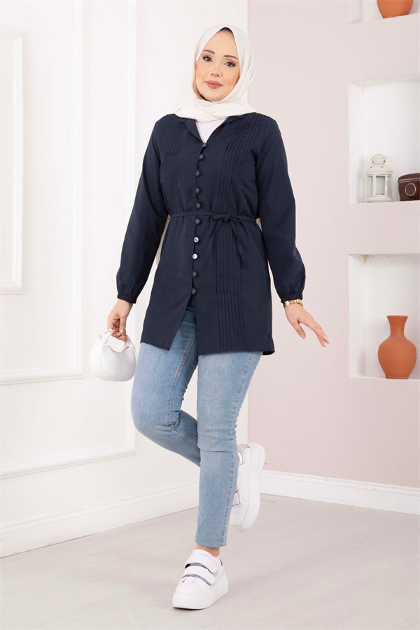 Ribbed Detail Lace-Up Shirt Navy Blue