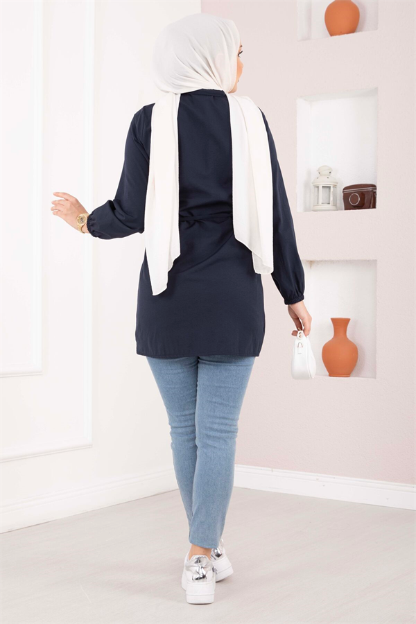 Ribbed Detail Lace-Up Shirt Navy Blue