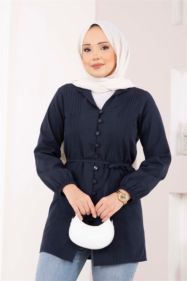 Ribbed Detail Lace-Up Shirt Navy Blue