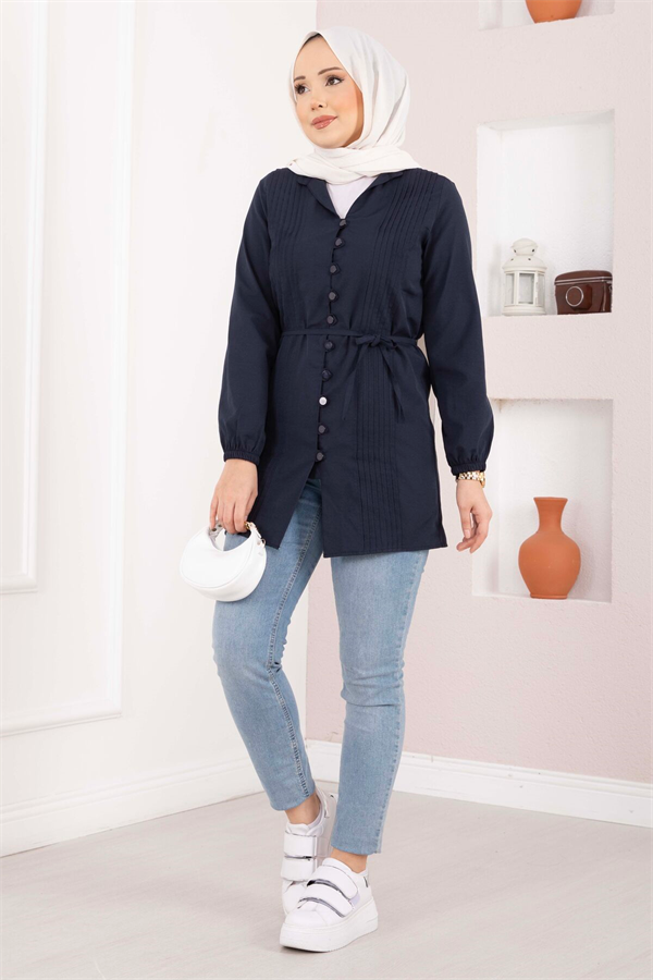 Ribbed Detail Lace-Up Shirt Navy Blue