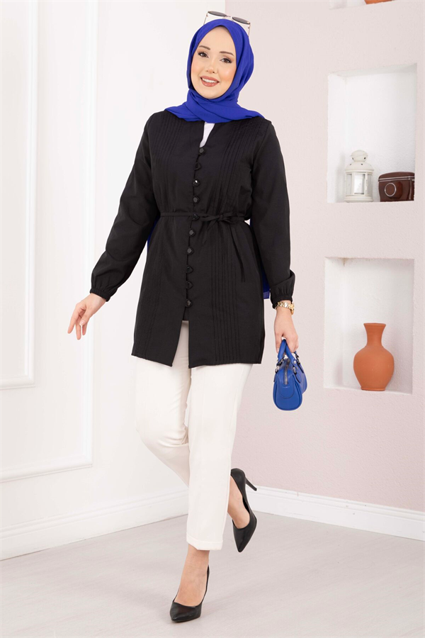 Ribbed Detail Lace-Up Shirt Black