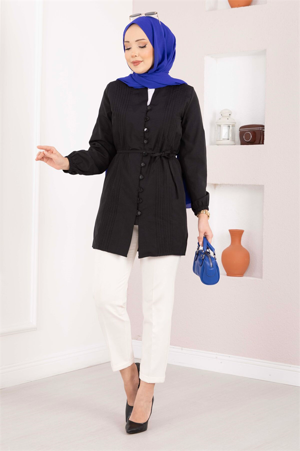 Ribbed Detail Lace-Up Shirt Black