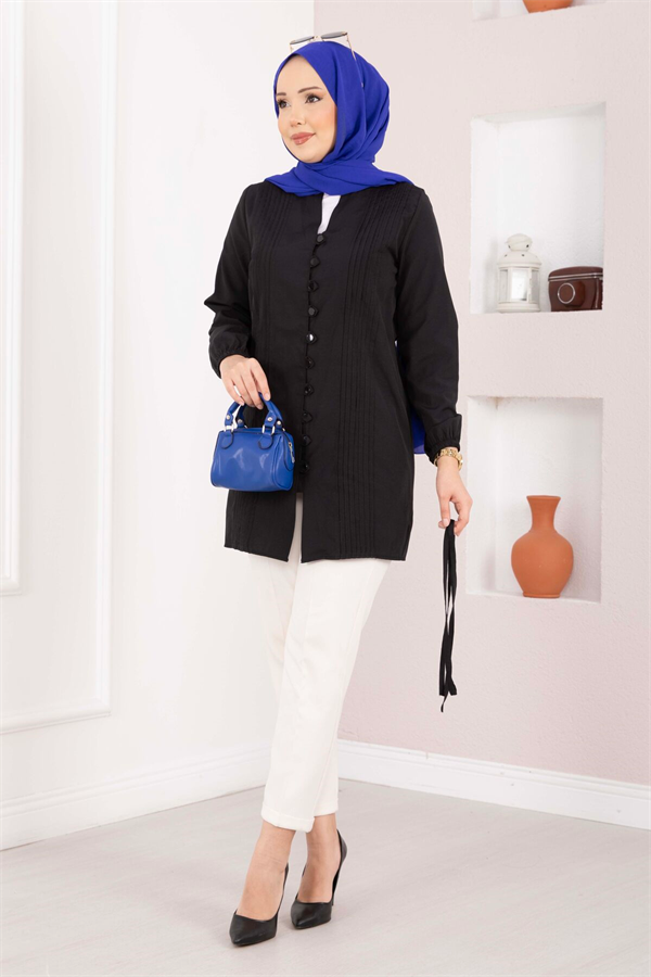 Ribbed Detail Lace-Up Shirt Black