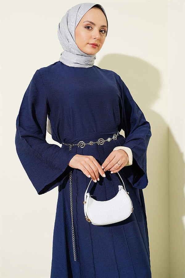 2 Piece Set of blouse and skirt with ribbed detail, navy blue.