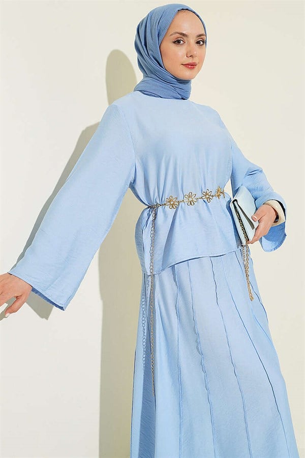 2 Piece Set with Ribbed Detail Blouse and Skirt, Baby Blue
