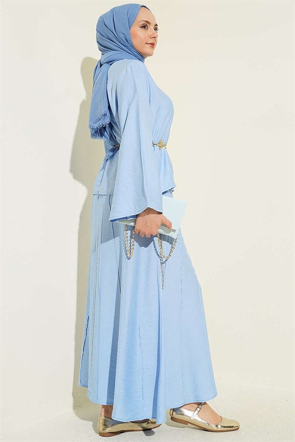 2 Piece Set with Ribbed Detail Blouse and Skirt, Baby Blue