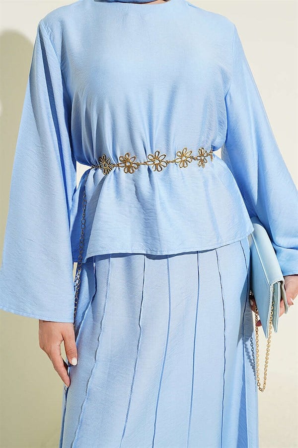 2 Piece Set with Ribbed Detail Blouse and Skirt, Baby Blue