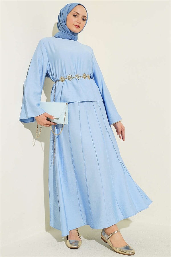 2 Piece Set with Ribbed Detail Blouse and Skirt, Baby Blue