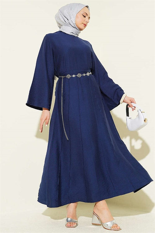 2 Piece Set of blouse and skirt with ribbed detail, navy blue.