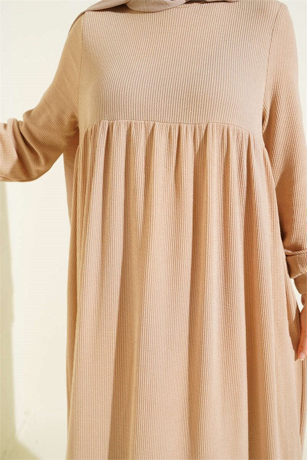 Ribbed Detail Knitted Dress, Beige