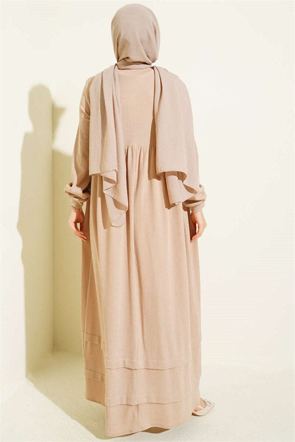 Ribbed Detail Knitted Dress, Beige