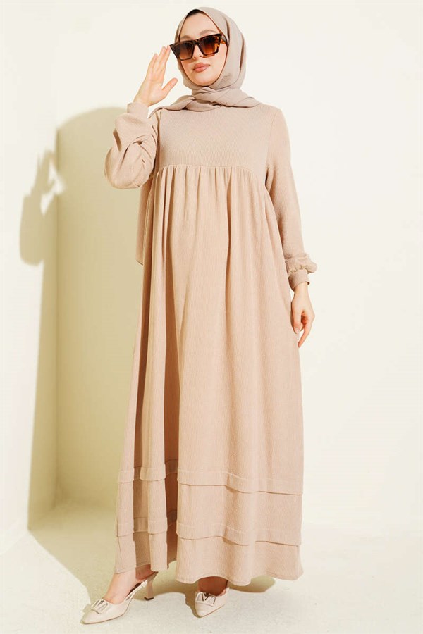 Ribbed Detail Knitted Dress, Beige