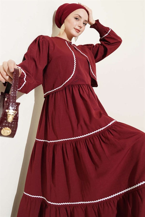 Ribbed Stitch Detail Dress 2 Piece Set Burgundy