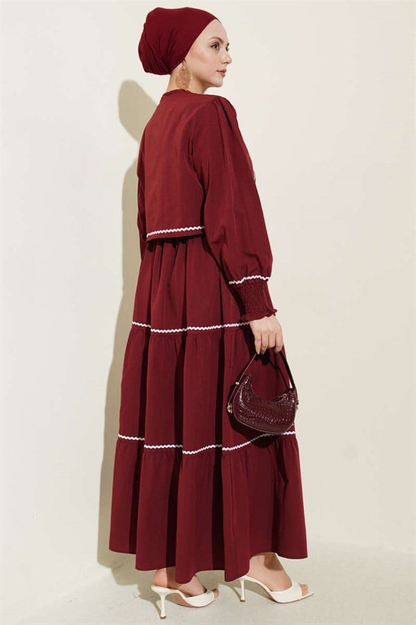 Ribbed Stitch Detail Dress 2 Piece Set Burgundy