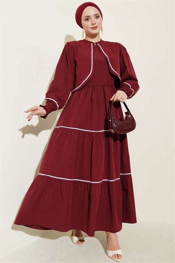 Ribbed Stitch Detail Dress 2 Piece Set Burgundy
