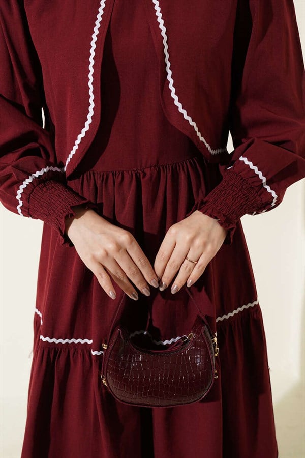 Ribbed Stitch Detail Dress 2 Piece Set Burgundy