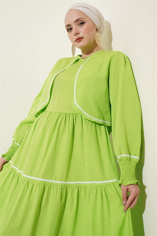 Ribbed Stitch Detail Dress 2 Piece Set, Pistachio Green