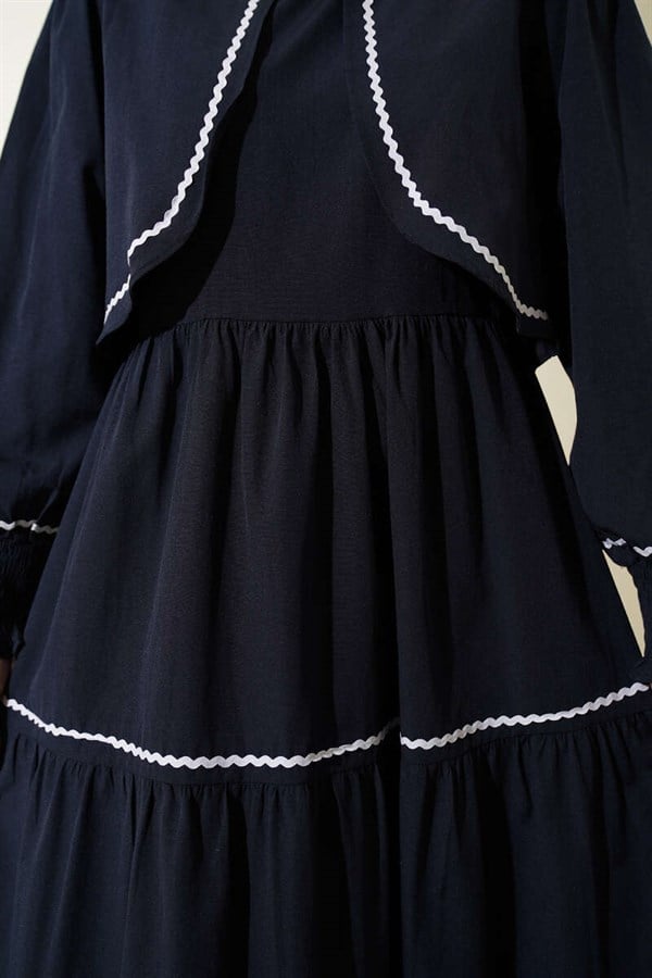 Ribbed Stitch Detail Dress 2 Piece Set Navy Blue