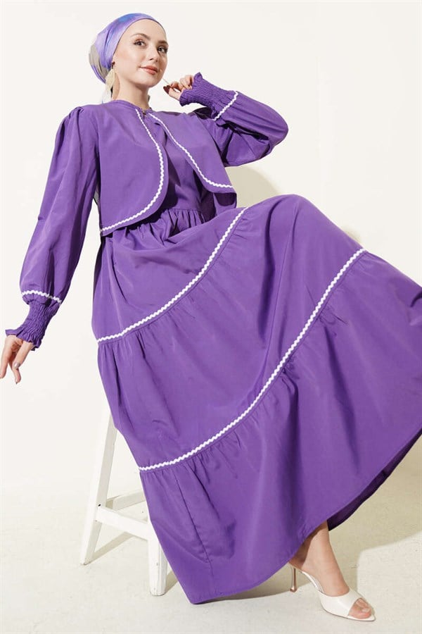 Ribbed Stitch Detail Dress 2 Piece Set Purple