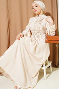 Ribbed Half-Brit Buttoned Dress, Beige