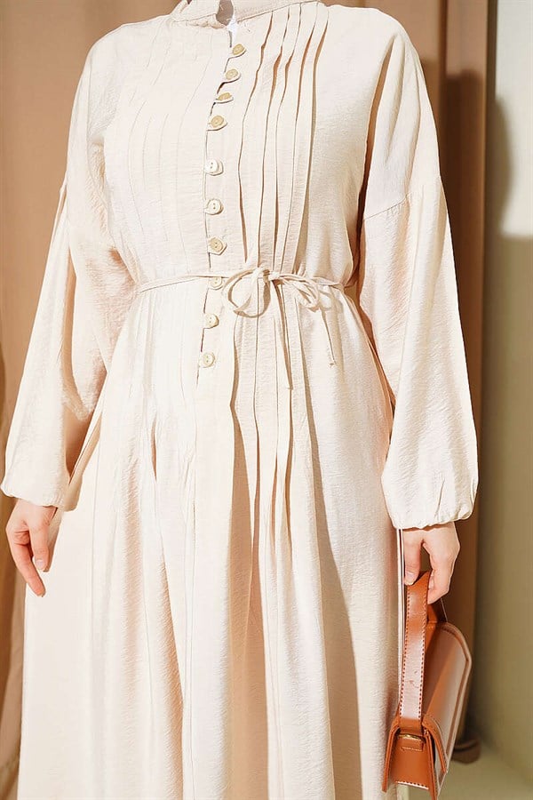 Ribbed Half-Brit Buttoned Dress, Beige