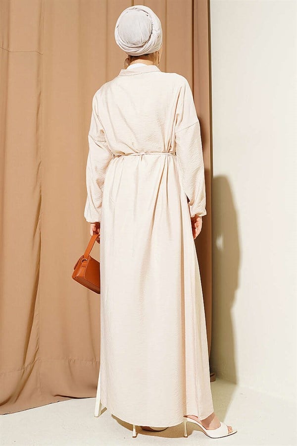 Ribbed Half-Brit Buttoned Dress, Beige