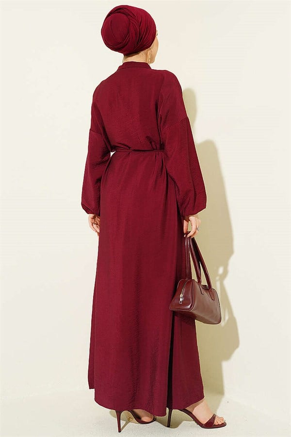 Ribbed Half-Brit Buttoned Dress, Burgundy