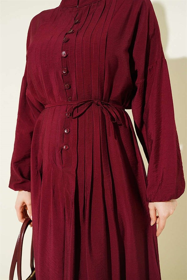 Ribbed Half-Brit Buttoned Dress, Burgundy