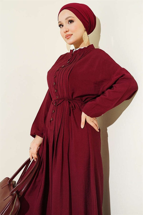 Ribbed Half-Brit Buttoned Dress, Burgundy