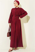 Ribbed Half-Brit Buttoned Dress, Burgundy