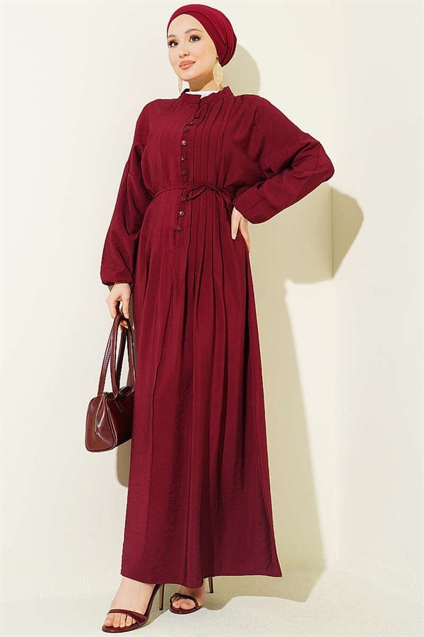 Ribbed Half-Brit Buttoned Dress, Burgundy
