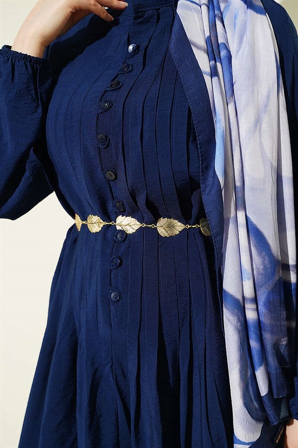 Ribbed Half-Brit Buttoned Dress Navy Blue